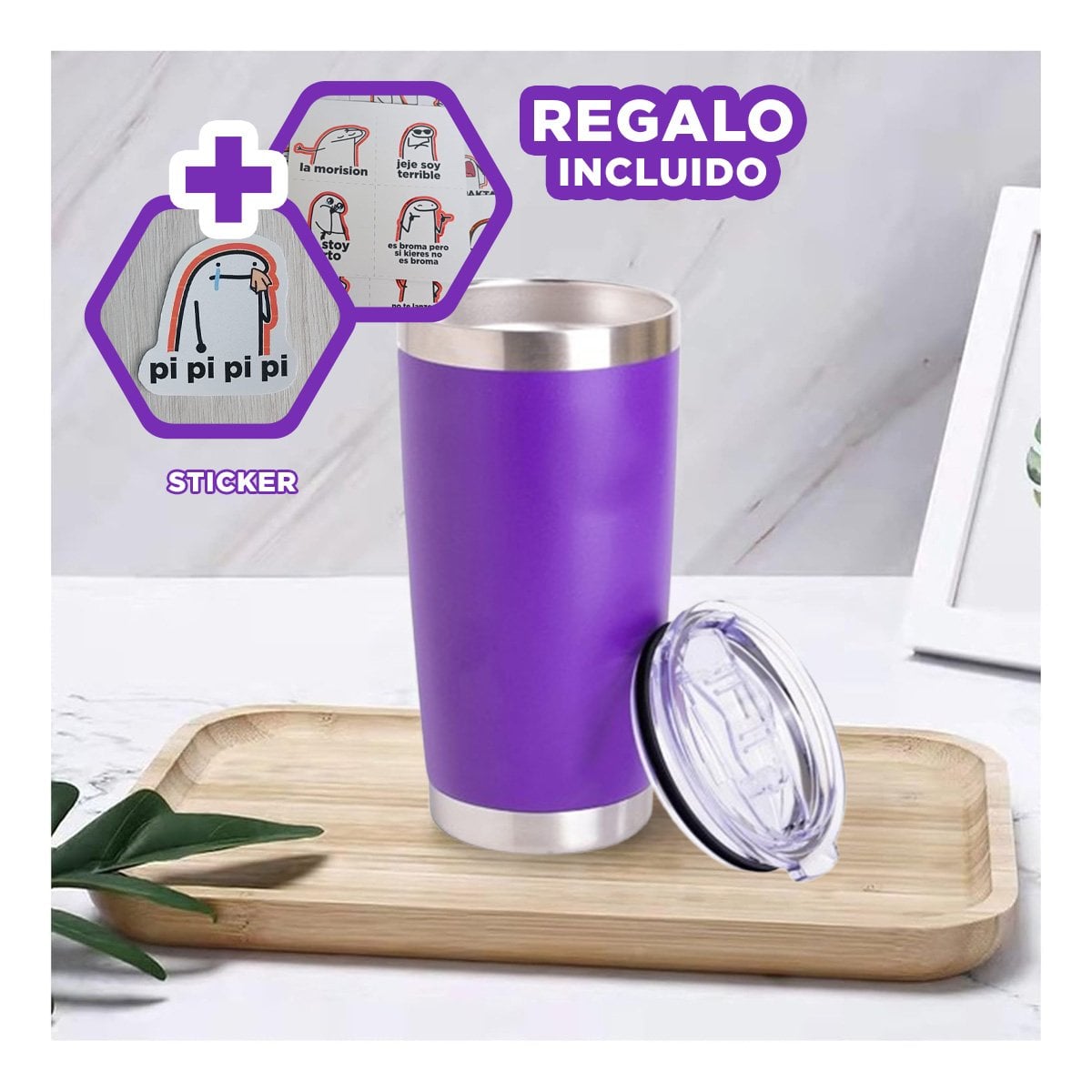 TERMO 600ML DE ACERO INOXIDABLE MORADO CON TAPA FACIL DE ABRIR Y+REGALO STICKER - 1
