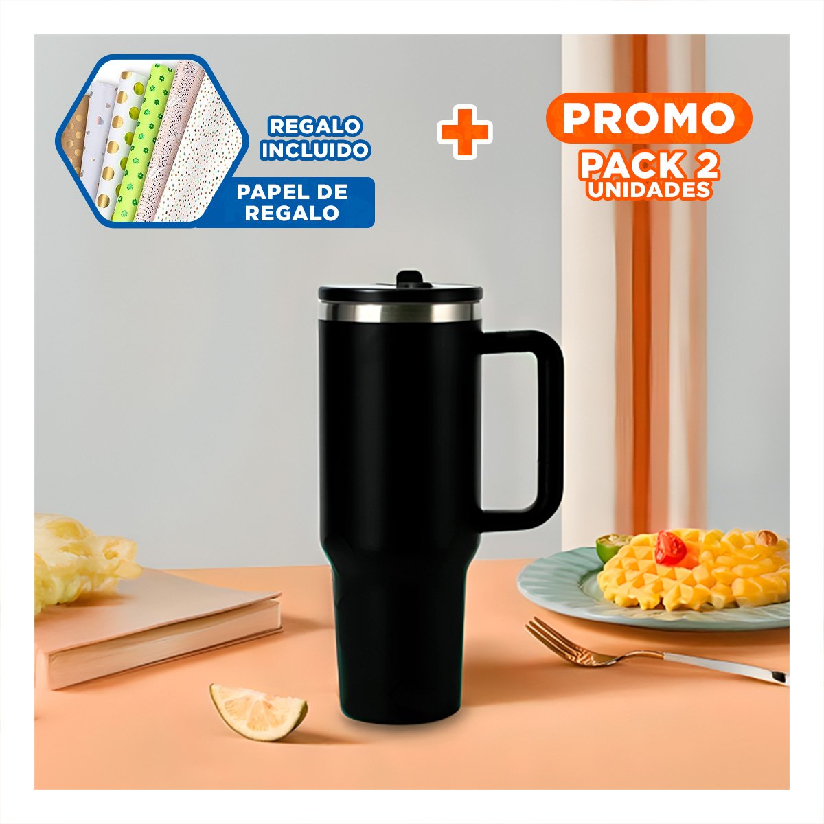 PACK2 TERMO EN COLOR NEGRO 1200ML CON ASA FIRME Y PICO EN ABS Y ACERO Y+PAPEL REGALO - 1