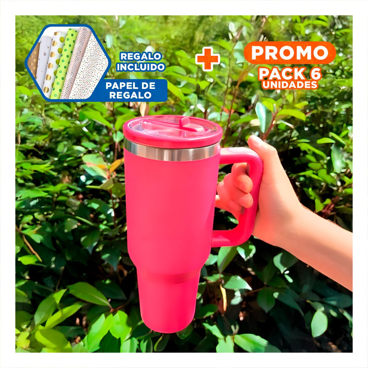 PACK6 TAZA TERMICA EN COLOR FUCSIA 1200ML CON ASA LATERAL Y PICO ABS Y ACERO Y+PAPEL REGALO - 1