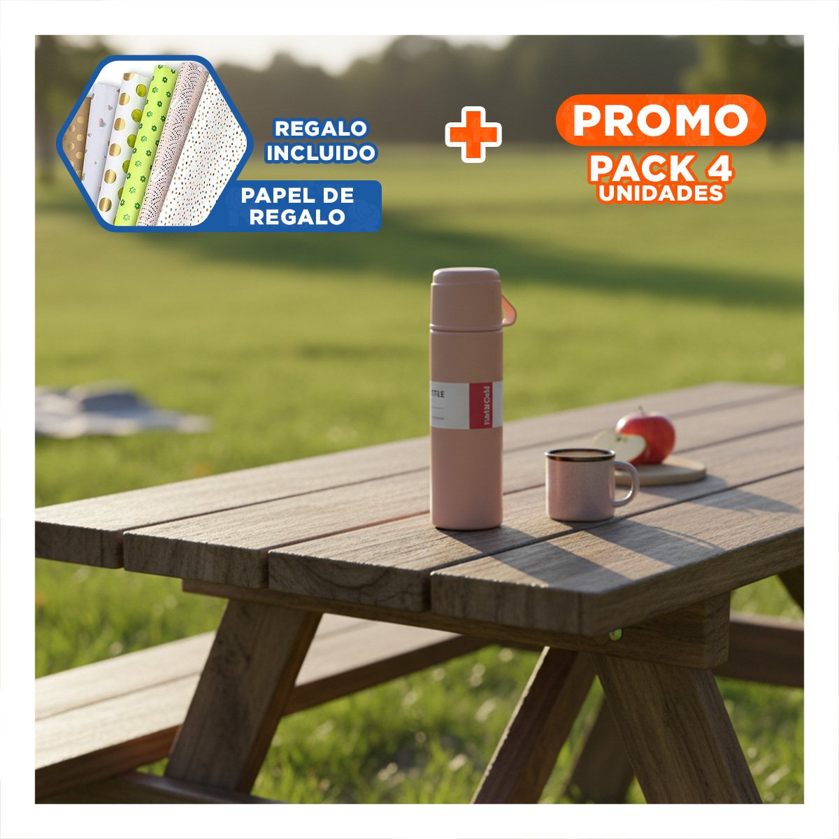 PACK4 BOTELLA TERMICA PRACTICO CON 2 TASAS ROSADO COMODO PARA OFICINA Y+PAPEL REGALO - 1
