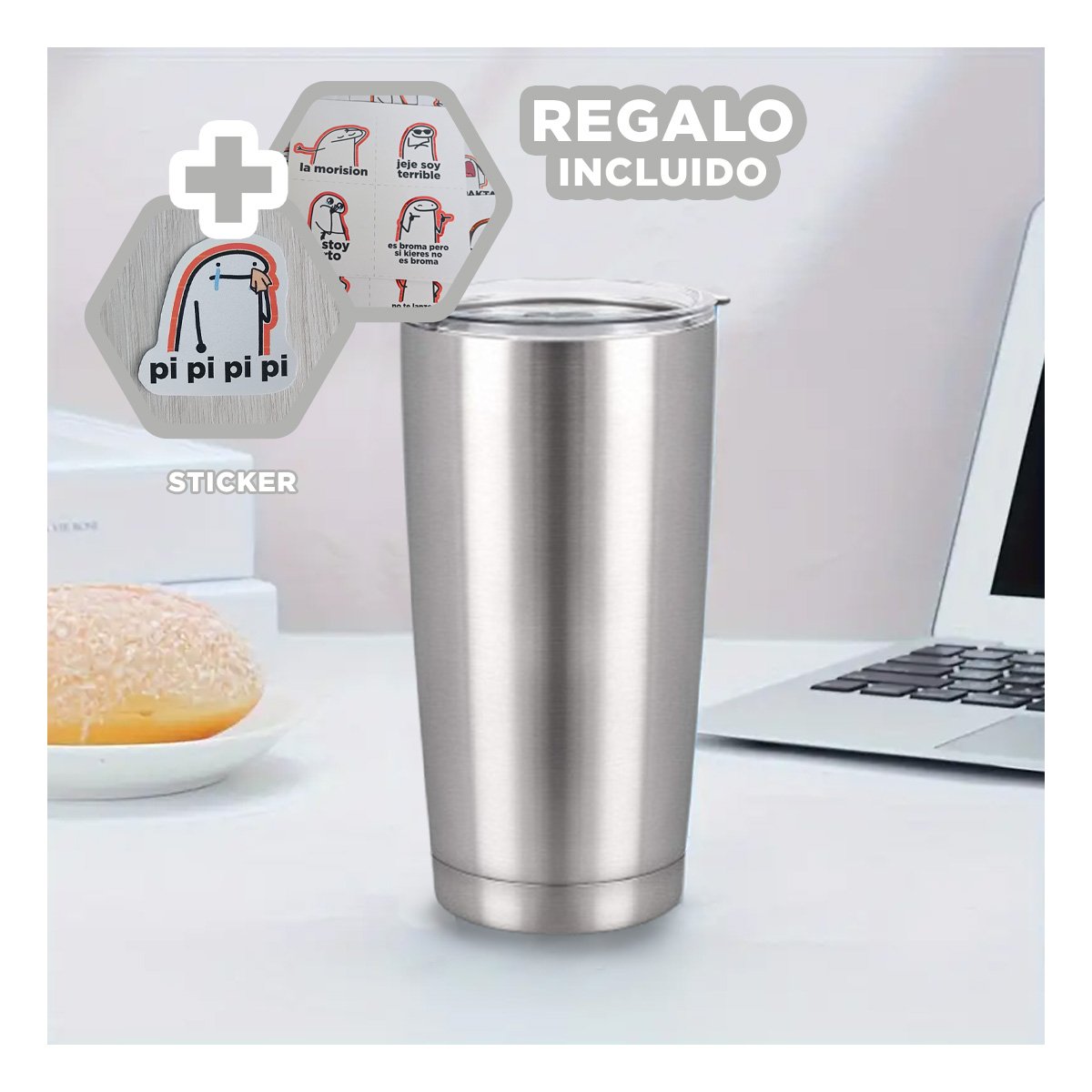 TERMO 600ML DE ACERO INOXIDABLE PLATEADO CON TAPA FACIL DE ABRIR Y+REGALO STICKER - 1