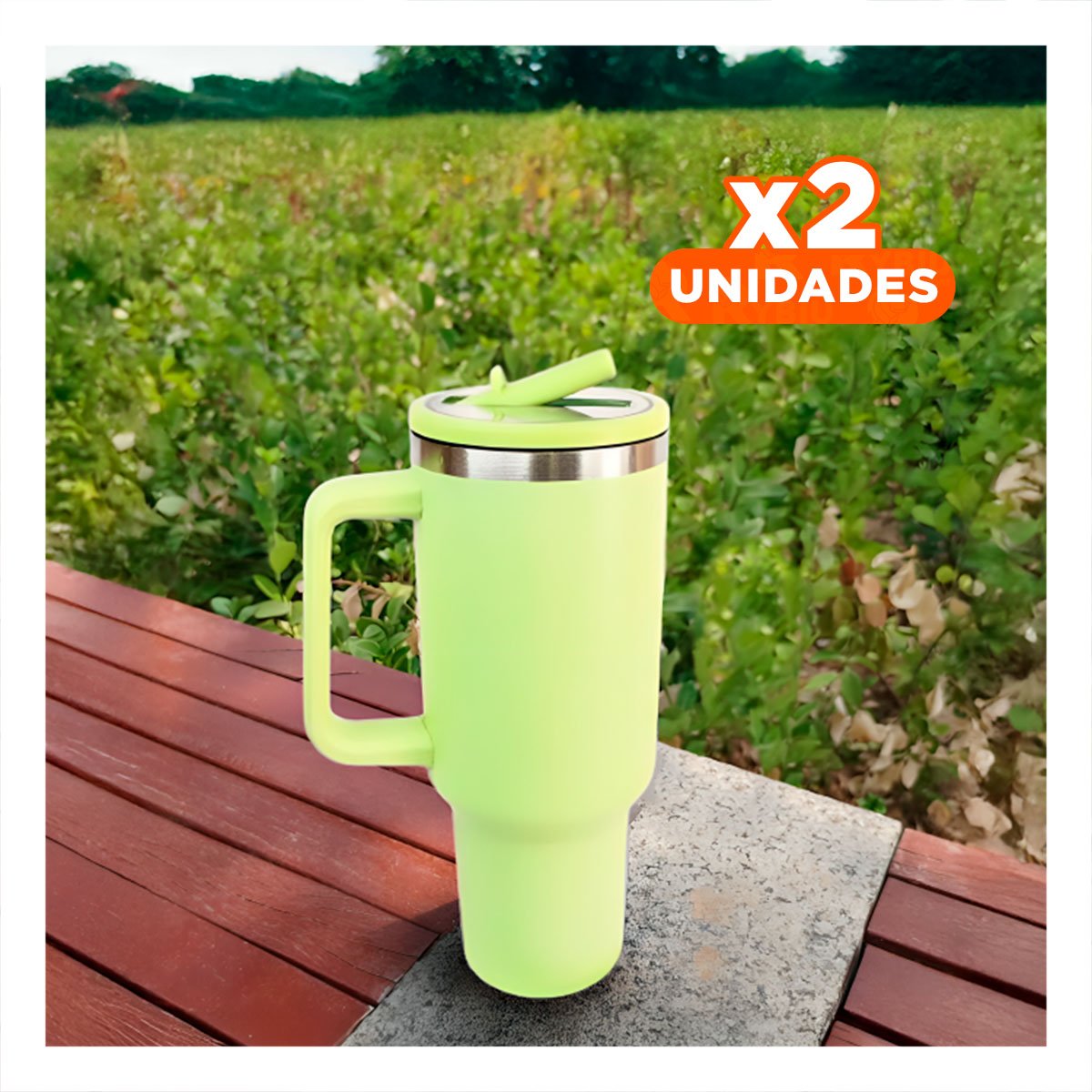 PACK2 TERMO CON PICO Y ASA EN EN VERDE LIMON CAPACIDAD 1200ML ABS Y ACERO Y+REGALO STICKER - 1