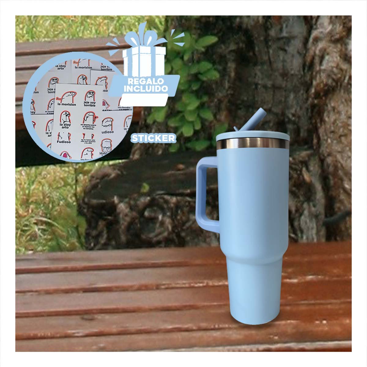 BOTELLA TERMICA EN COLOR CELESTE 1200ML CON ASA LATERAL Y PICO ABS Y ACERO Y+REGALO STICKER - 1