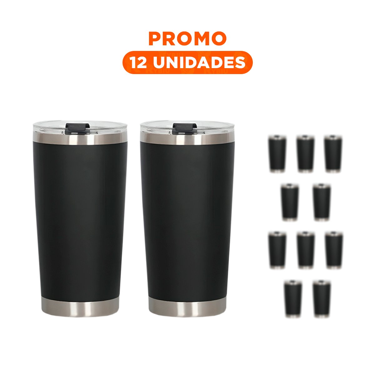 PACK12 VASO DE ACERO INOXIDABLE 600ML NEGRO CON TAPA HERMETICA PARA OFICINA Y+REGALO STICKER - 1