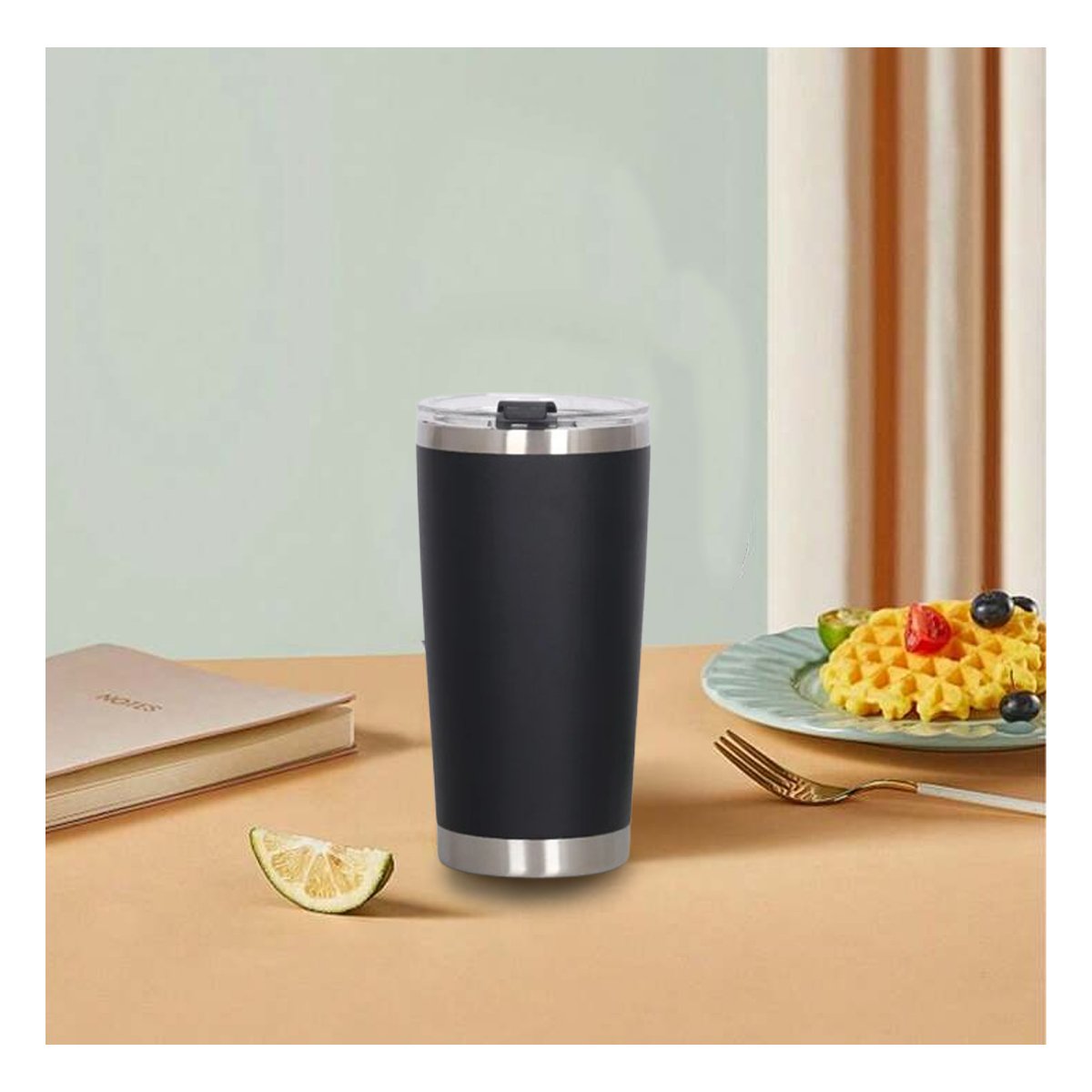PACK12 VASO DE ACERO INOXIDABLE 600ML NEGRO CON TAPA HERMETICA PARA OFICINA Y+REGALO STICKER - 3