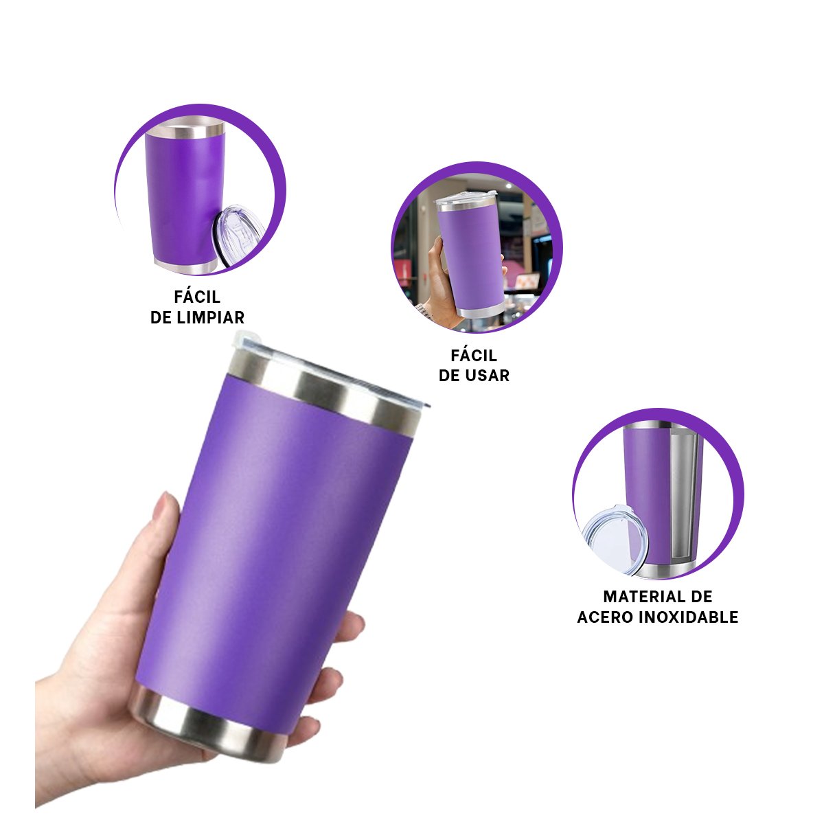 TERMO 600ML DE ACERO INOXIDABLE MORADO CON TAPA Y FORMA FUNCIONAL - 3