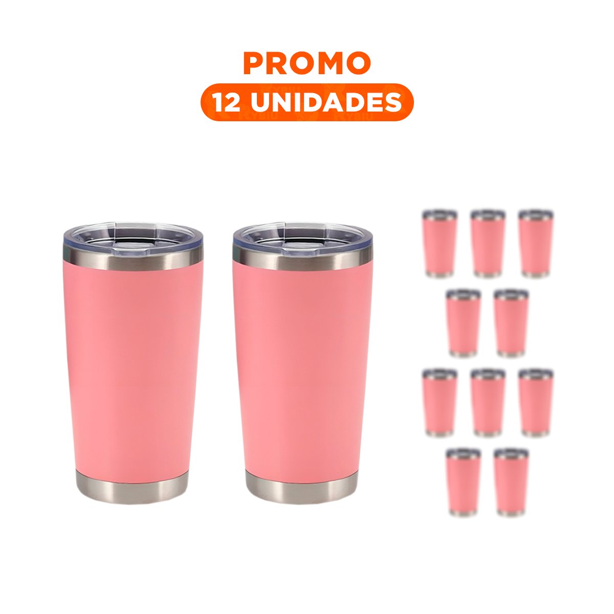 PACK12 VASO DE ACERO INOXIDABLE 600ML ROSADO CON TAPA HERMETICA PARA OFICINA Y+REGALO STICKER - 1