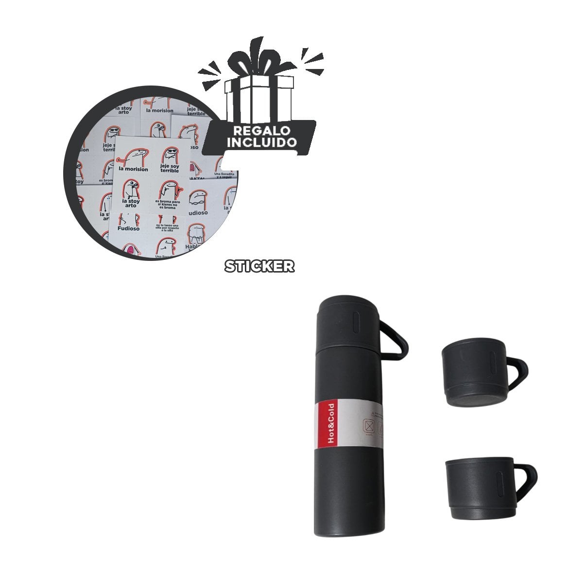 JARRA COMPACTA CON 2 TASAS COLOR PLOMO OSCURO PARA BEBIDAS CALIENTES Y+REGALO STICKER - 1