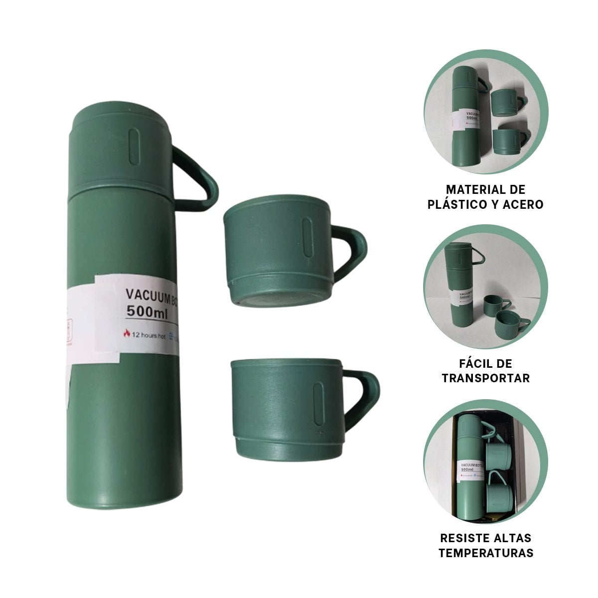 CONTENEDOR TERMICO CON 2 TAZAS VERDE PARA CASA Y PASEO - 3