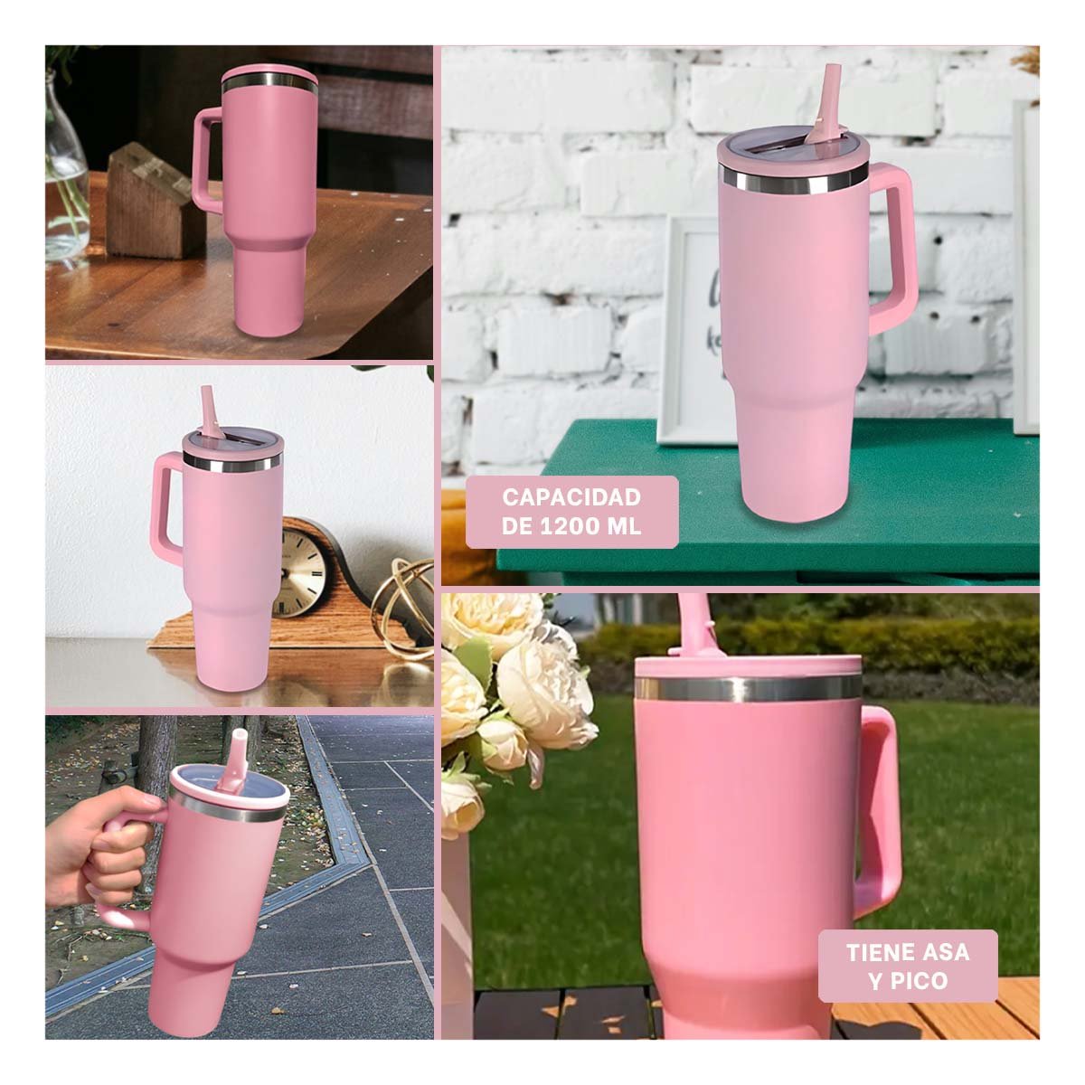 BOTELLA EN COLOR ROSADO CON ASA Y PICO REUTILIZABLE 1200ML DE ABS Y ACERO Y+LIGAS REGALO - 5
