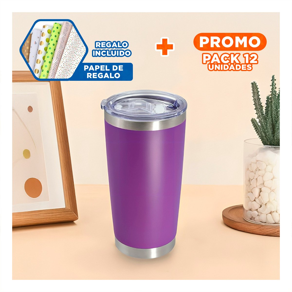 PACK12 CONTENEDOR DE ACERO INOXIDABLE 600ML MORADO CON TAPA HERMETICA Y+PAPEL REGALO - 1