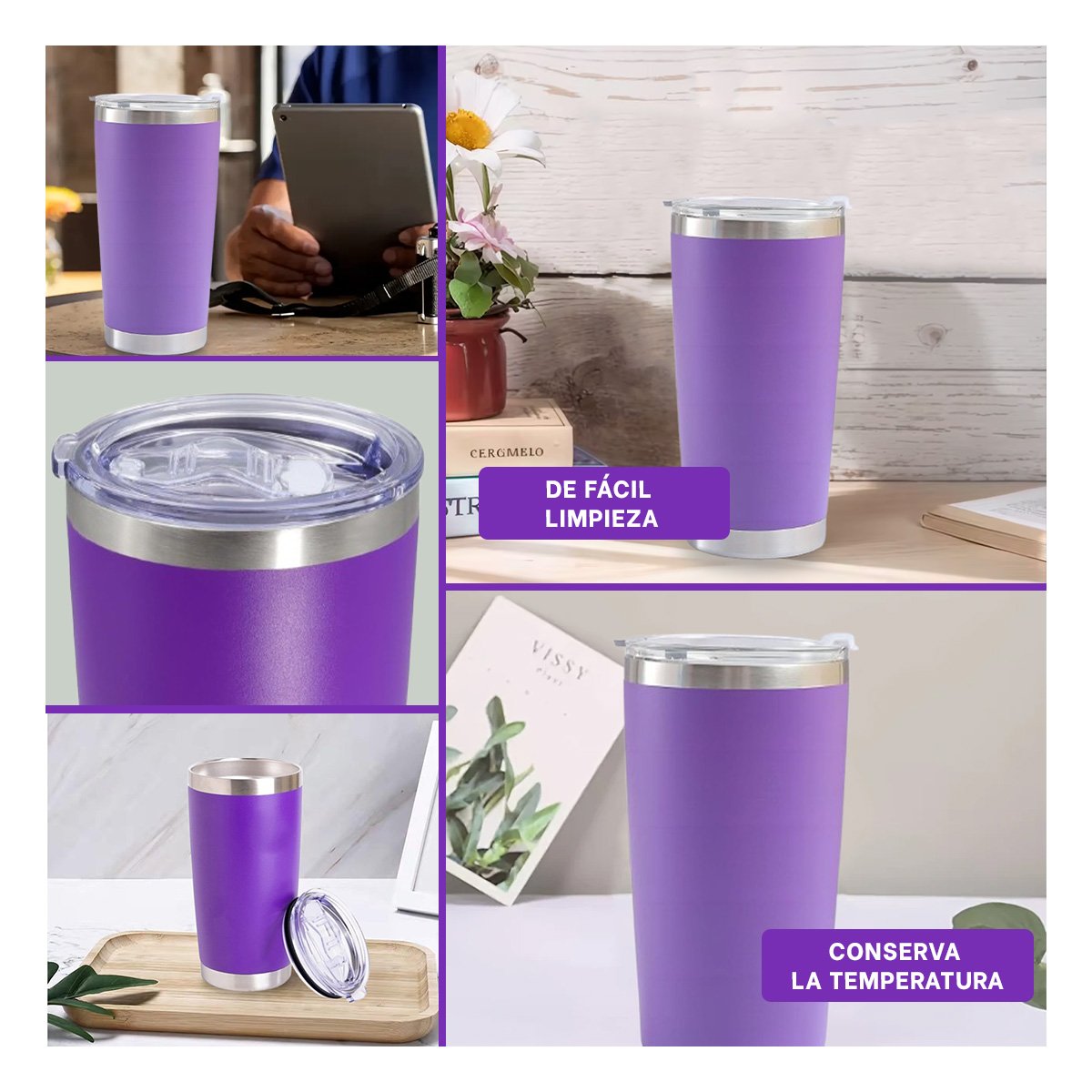 PACK12 CONTENEDOR DE ACERO INOXIDABLE 600ML MORADO CON TAPA HERMETICA Y+PAPEL REGALO - 2