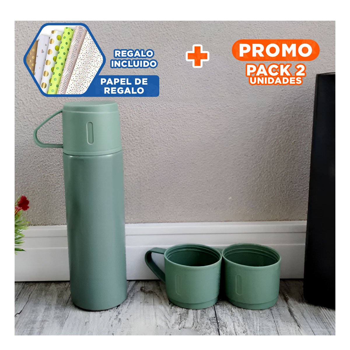 PACK2 BOTELLA TERMICA MODERNA CON 2 TAZAS VERDE PARA VIAJE Y+PAPEL REGALO - 1