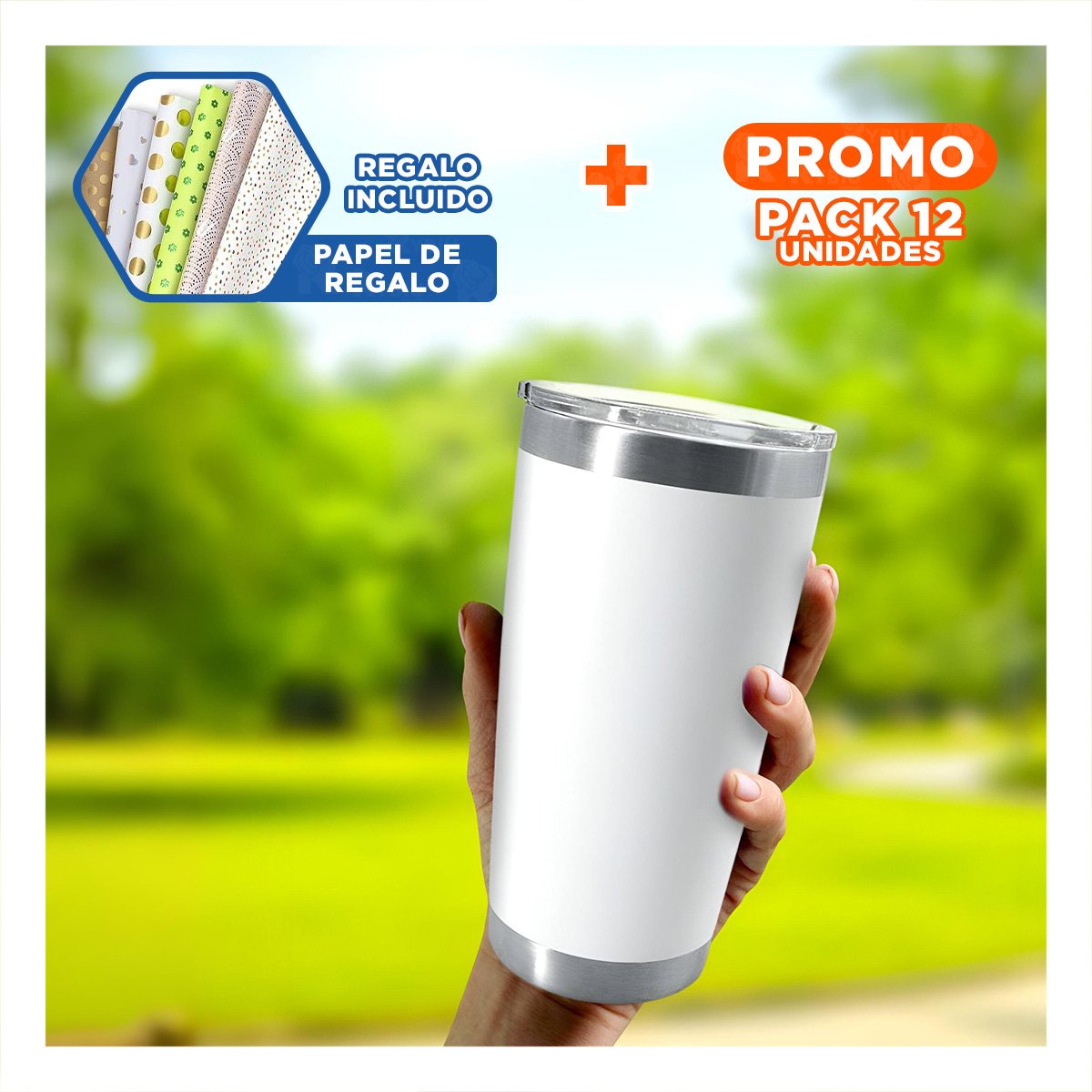 PACK12 CONTENEDOR DE ACERO INOXIDABLE 600ML BLANCO CON TAPA HERMETICA Y+PAPEL REGALO - 1