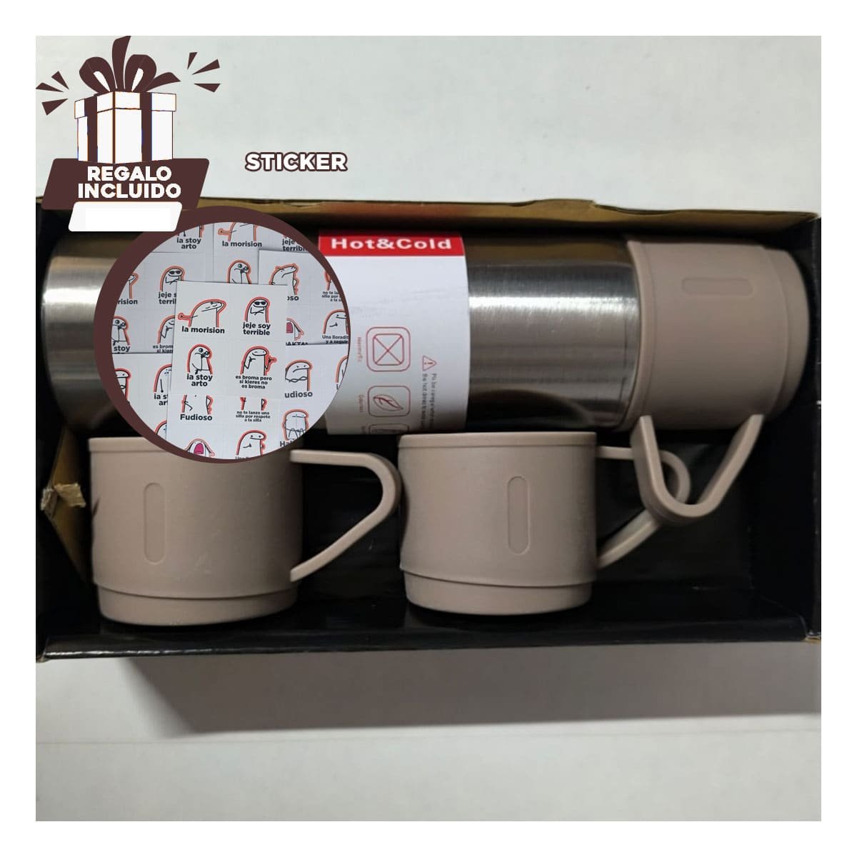 BOTELLA MODERNA CON 2 TASAS MARRON Y+REGALO STICKER - 1
