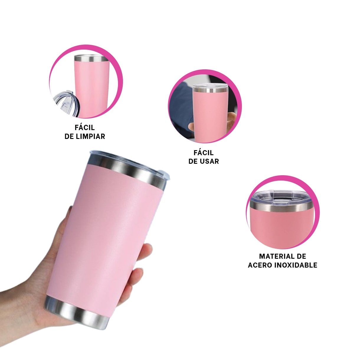 TERMO 600ML DE ACERO INOXIDABLE ROSADO CON TAPA Y FORMA FUNCIONAL - 3