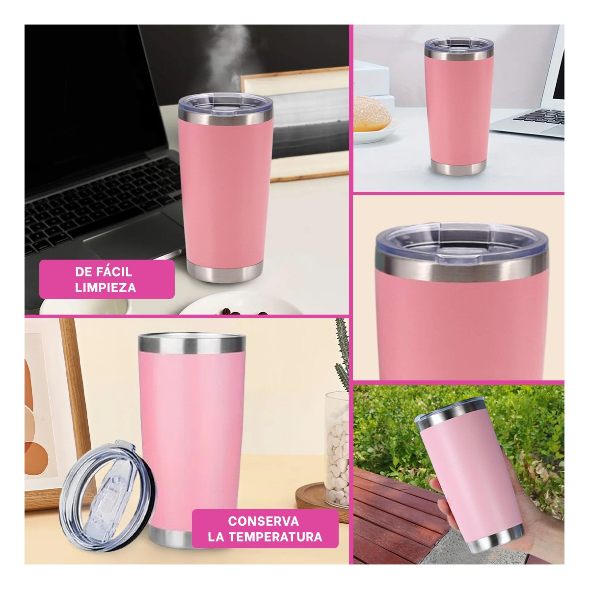 TERMO 600ML DE ACERO INOXIDABLE ROSADO CON TAPA Y FORMA FUNCIONAL - 5