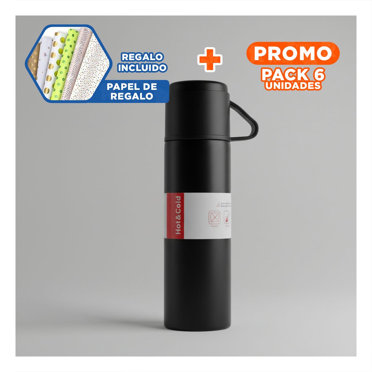 PACK6 BOTELLA ELEGANTE CON 2 TASAS NEGRO COMPACTO Y PRACTICO Y+PAPEL REGALO - 1