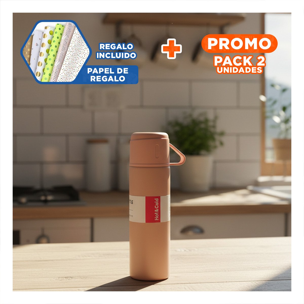 PACK2 RECIPIENTE TERMICO MODERNO CON 2 TASAS ROSADO COMODO PARA VIAJE Y+PAPEL REGALO - 1