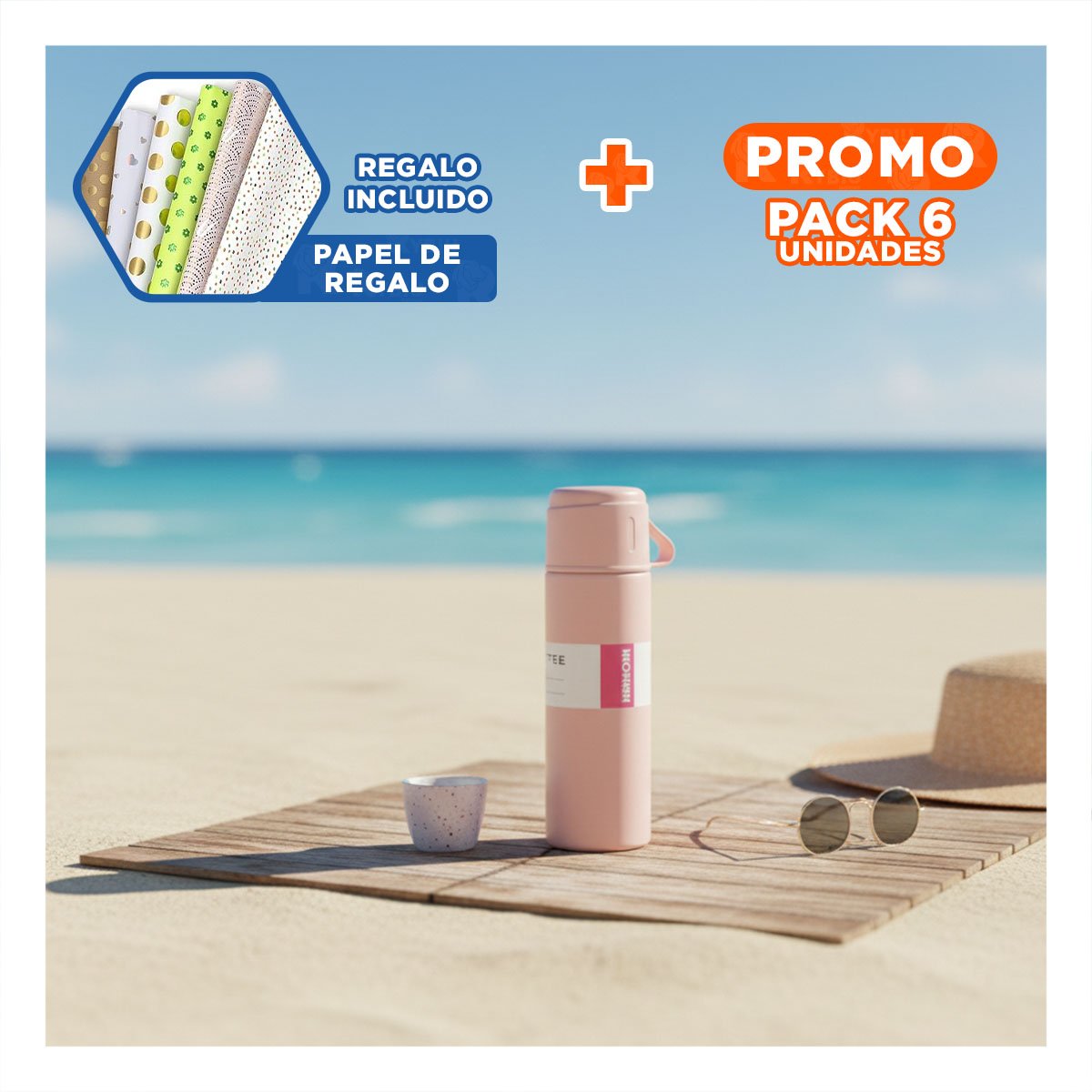 PACK6 CONTENEDOR TERMICO PRACTICO CON 2 TASAS ROSADO MODERNO PARA HOGAR Y+PAPEL REGALO - 1