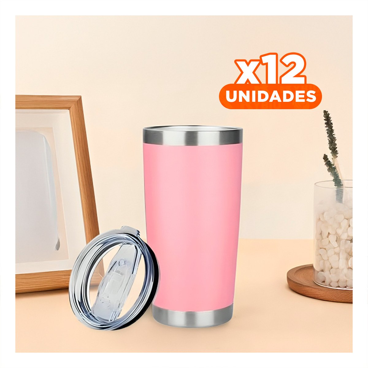 PACK12 CONTENEDOR 600ML ROSADO CON TAPA DE ACERO INOXIDABLE PARA BEBIDAS CALIENTES - 1