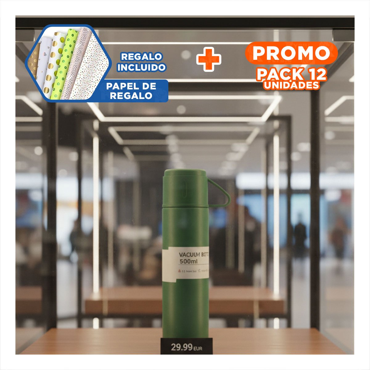 PACK12 CONTENEDOR TERMICO DURADERO CON 2 TAZAS VERDE PARA TRABAJO Y+PAPEL REGALO - 1