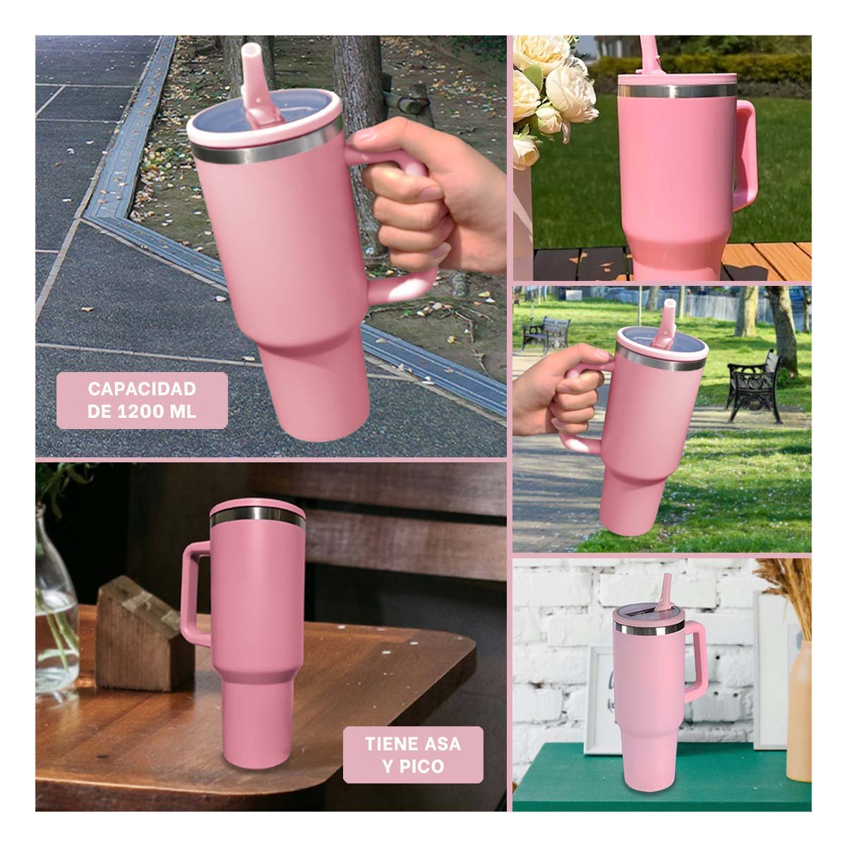 PACK4 TAZA TERMICA 1200ML EN COLOR ROSADO CON ASA Y PICO EN ABS Y ACERO Y+REGALO STICKER - 2