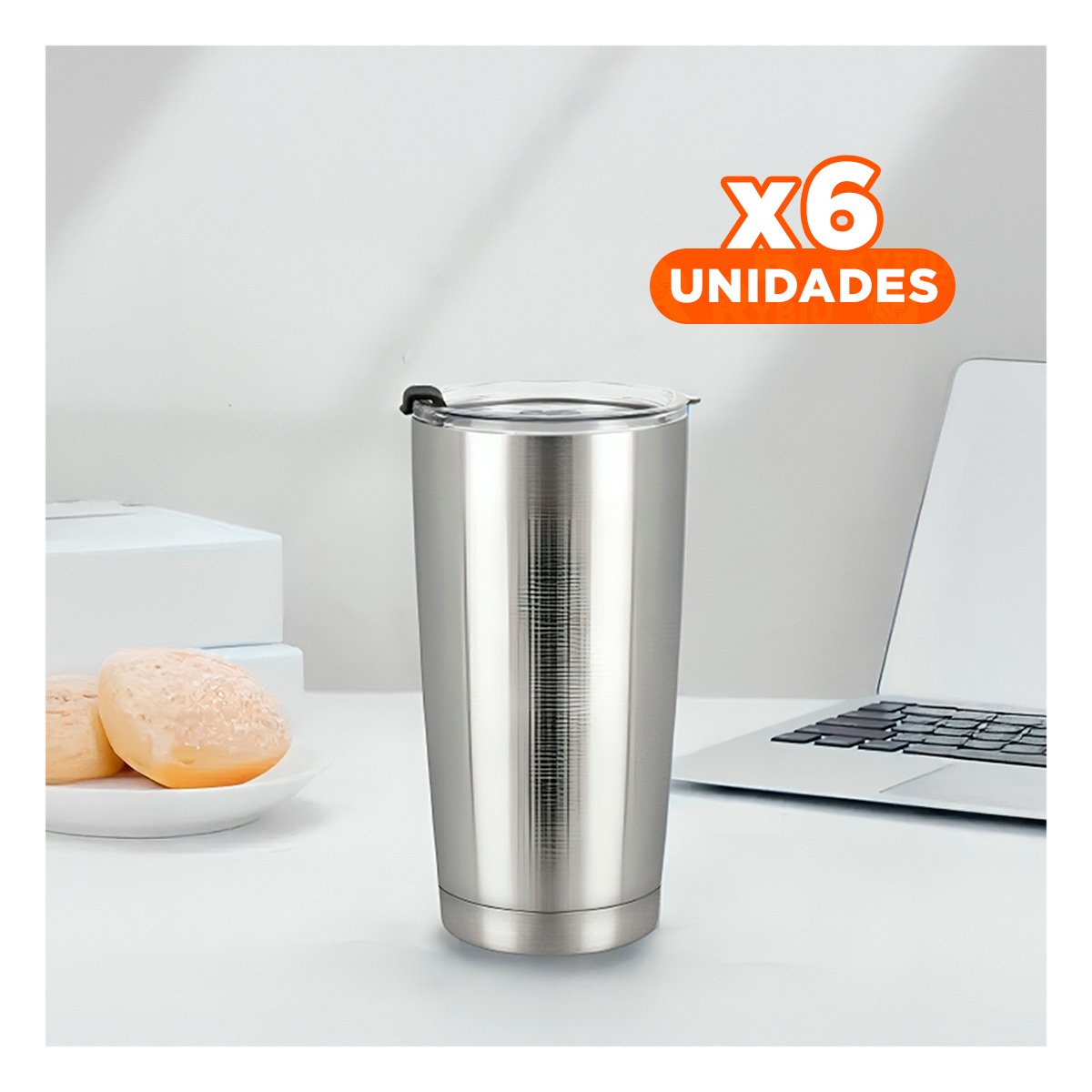 PACK6 CONTENEDOR DE ACERO INOXIDABLE PLATEADO 600ML CON TAPA Y ASA COMODA Y+REGALO STICKER - 1