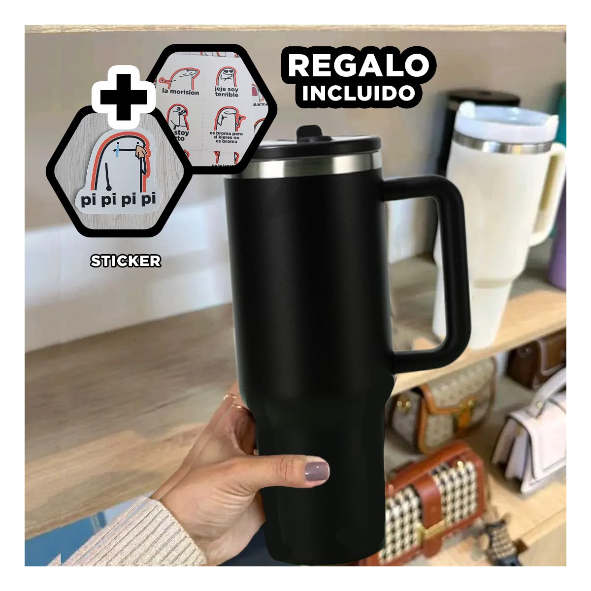 BOTELLA TERMICA EN COLOR NEGRO 1200ML CON ASA LATERAL Y PICO ABS Y ACERO Y+REGALO STICKER - 1