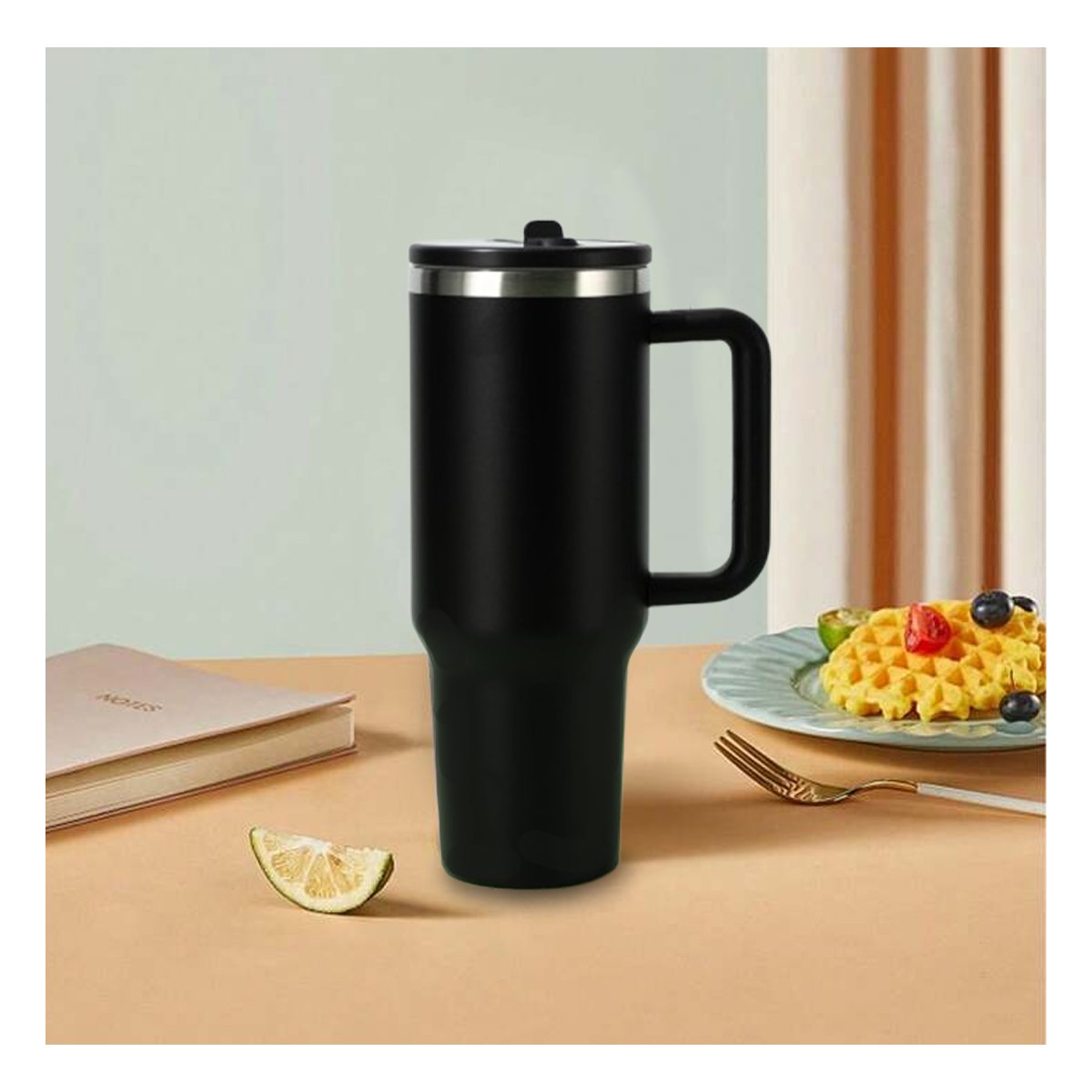 PACK4 TAZA TERMICA 1200ML EN COLOR NEGRO CON ASA Y PICO EN ABS Y ACERO Y+REGALO STICKER - 5