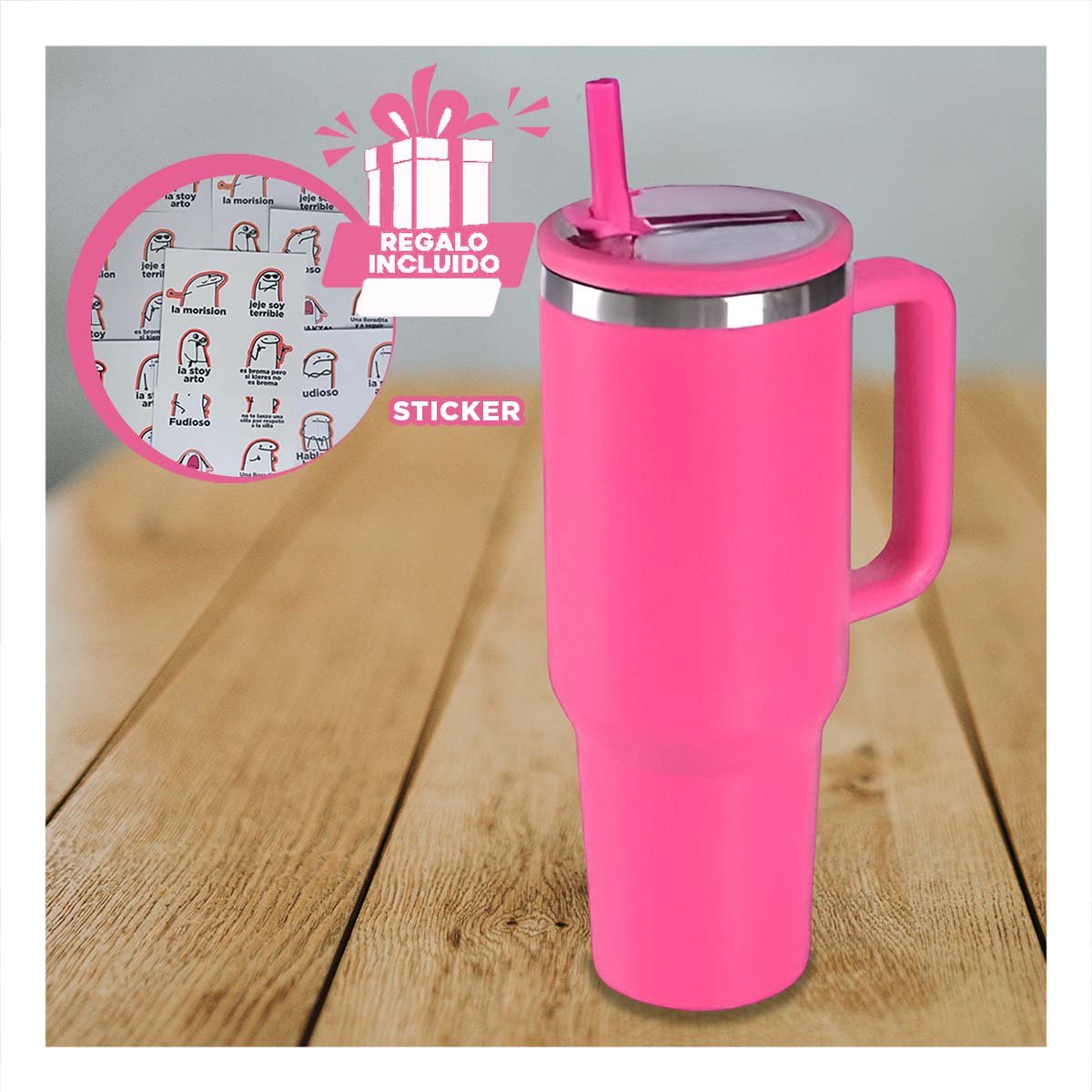 BOTELLA TERMICA EN COLOR FUCSIA 1200ML CON ASA LATERAL Y PICO ABS Y ACERO Y+REGALO STICKER - 1