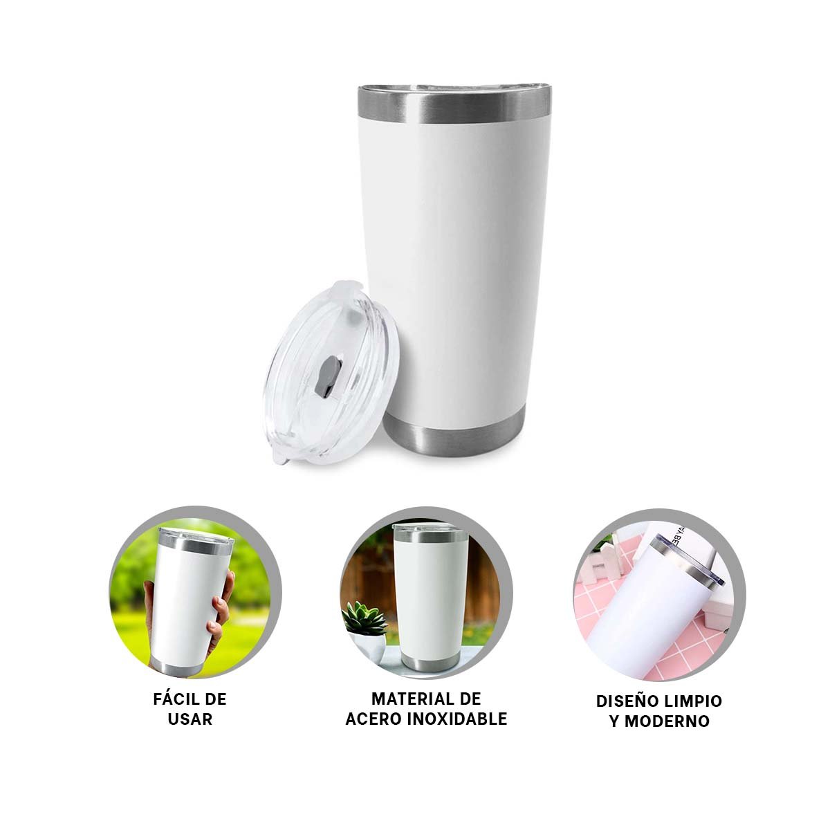 TERMO 600ML DE ACERO INOXIDABLE BLANCO CON TAPA Y FORMA FUNCIONAL - 3