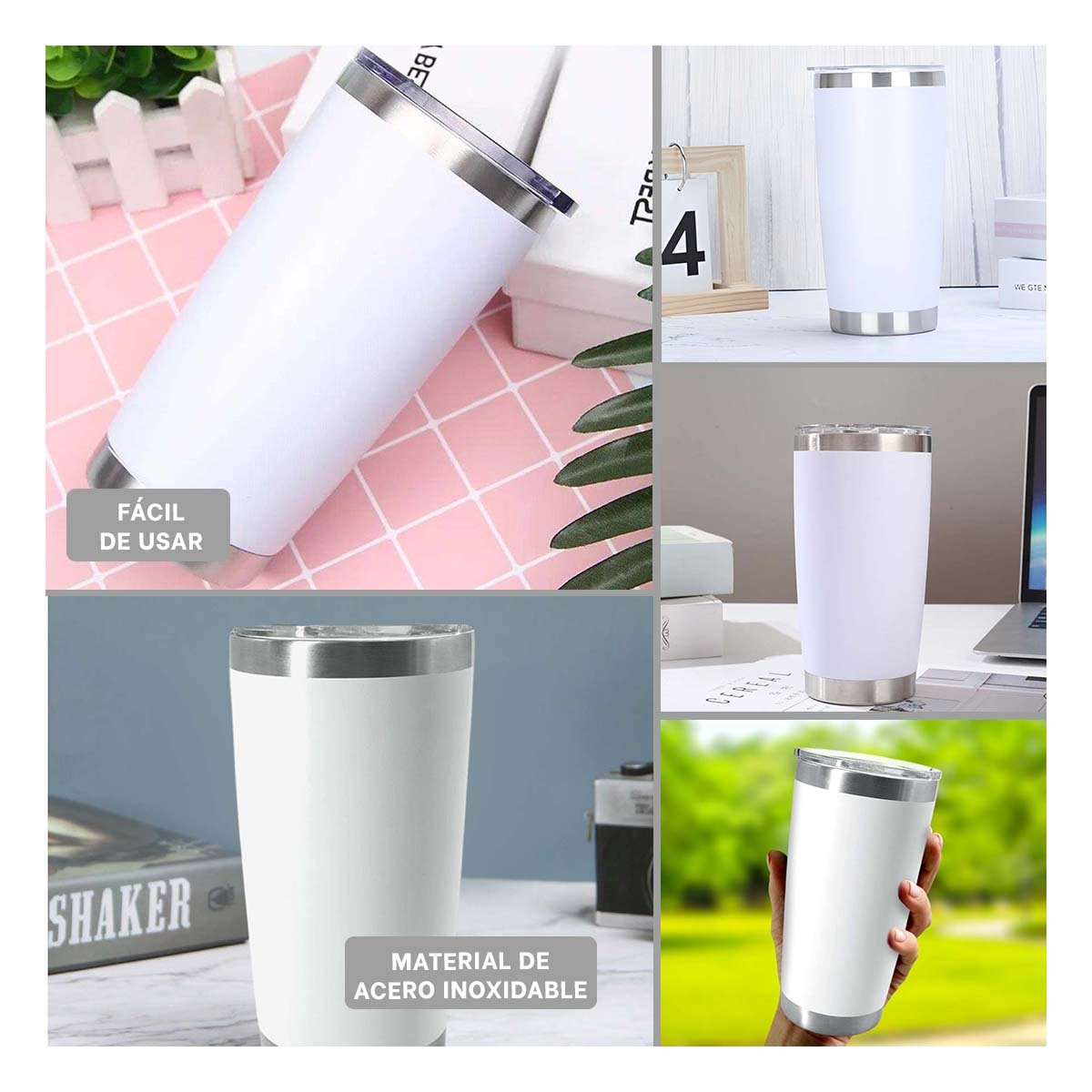 TERMO 600ML DE ACERO INOXIDABLE BLANCO CON TAPA Y FORMA FUNCIONAL - 5