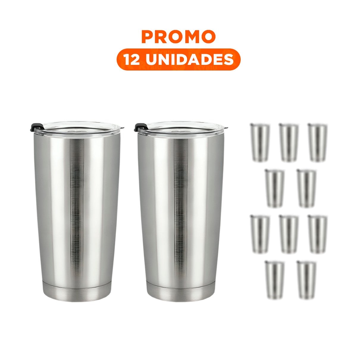 PACK12 VASO DE ACERO INOXIDABLE 600ML PLATEADO CON TAPA HERMETICA PARA OFICINA Y+REGALO STICKER - 1