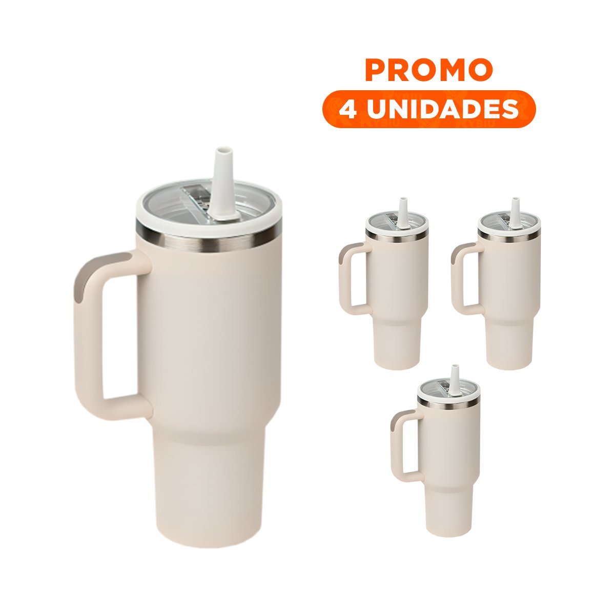 PACK4 TAZA TERMICA 1200ML EN COLOR CREMA CON ASA Y PICO EN ABS Y ACERO Y+REGALO STICKER - 1