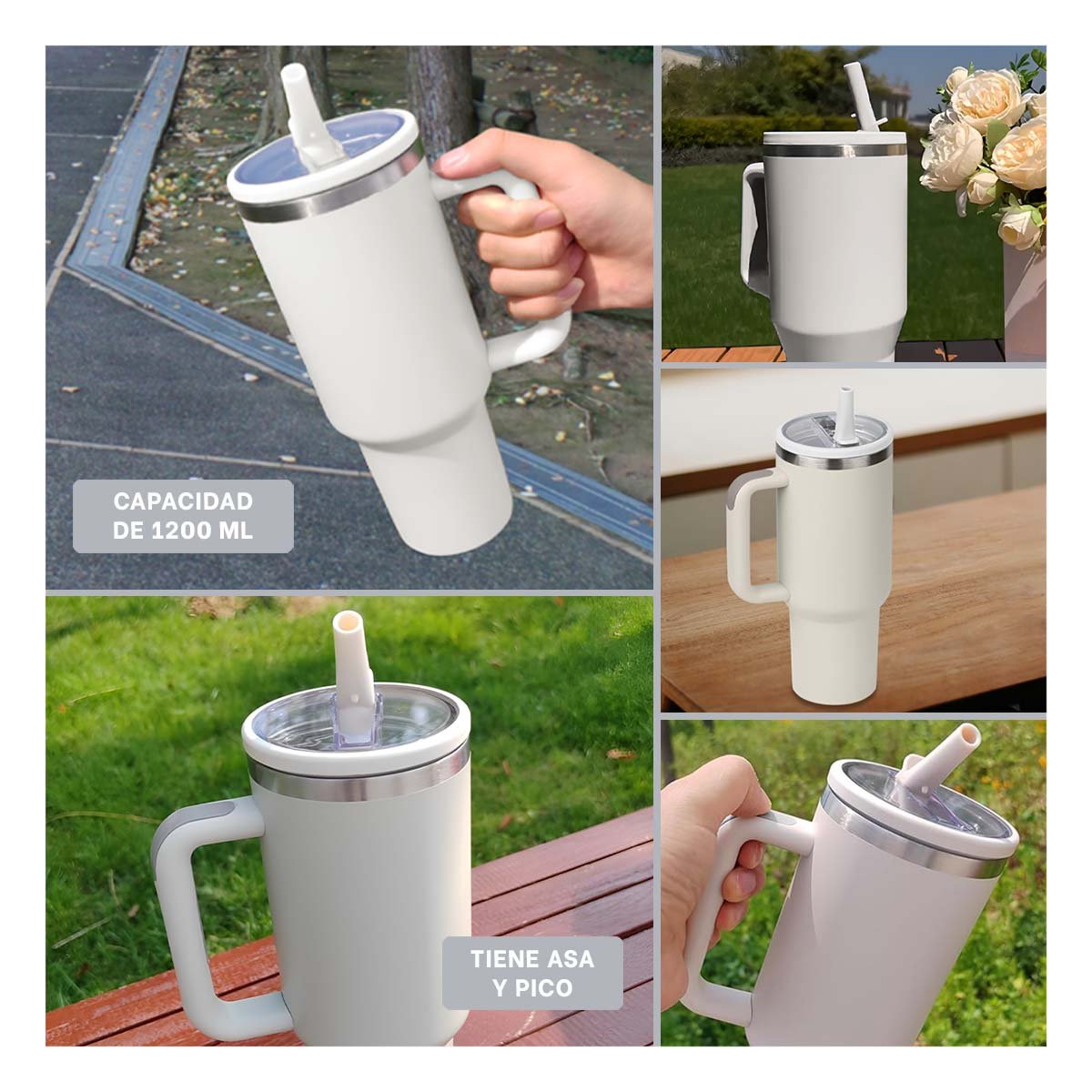 PACK4 TAZA TERMICA 1200ML EN COLOR CREMA CON ASA Y PICO EN ABS Y ACERO Y+REGALO STICKER - 2