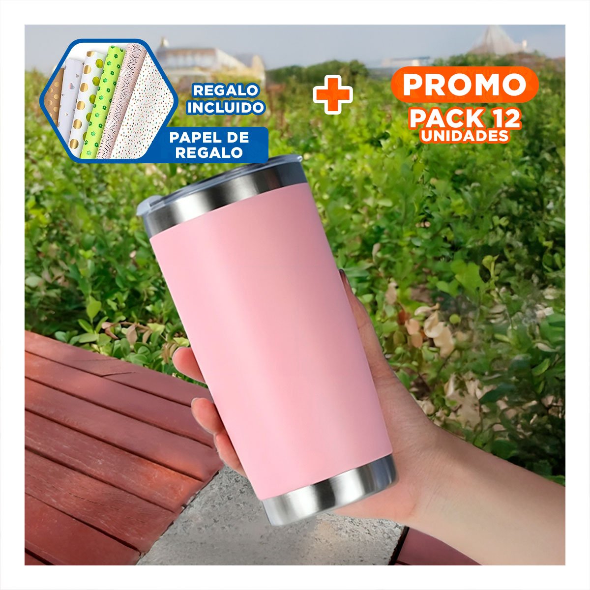 PACK12 CONTENEDOR DE ACERO INOXIDABLE 600ML ROSADO CON TAPA HERMETICA Y+PAPEL REGALO - 1