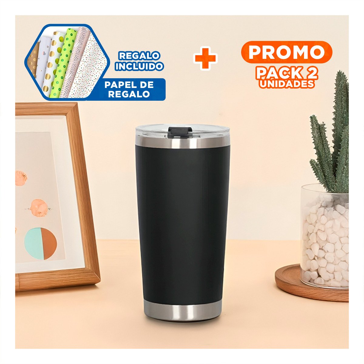 PACK2 VASO 600ML DE ACERO INOXIDABLE CON TAPA NEGRA Y ASA FACIL DE TRANSPORTAR Y+PAPEL REGALO - 1