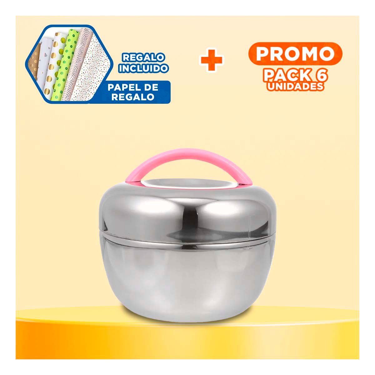 PACK6 BOTE TERMO ROSA Y PLATEADO 1L CIRCULAR PRACTICO PARA GUARDAR COMIDAS Y+PAPEL REGALO - 1