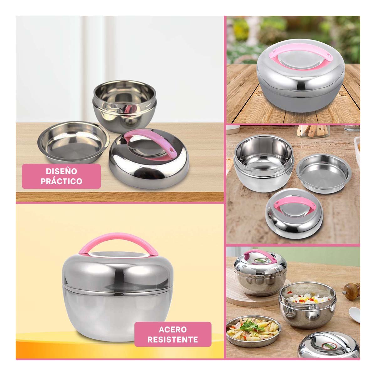 PACK6 BOTE TERMO ROSA Y PLATEADO 1L CIRCULAR PRACTICO PARA GUARDAR COMIDAS Y+PAPEL REGALO - 3