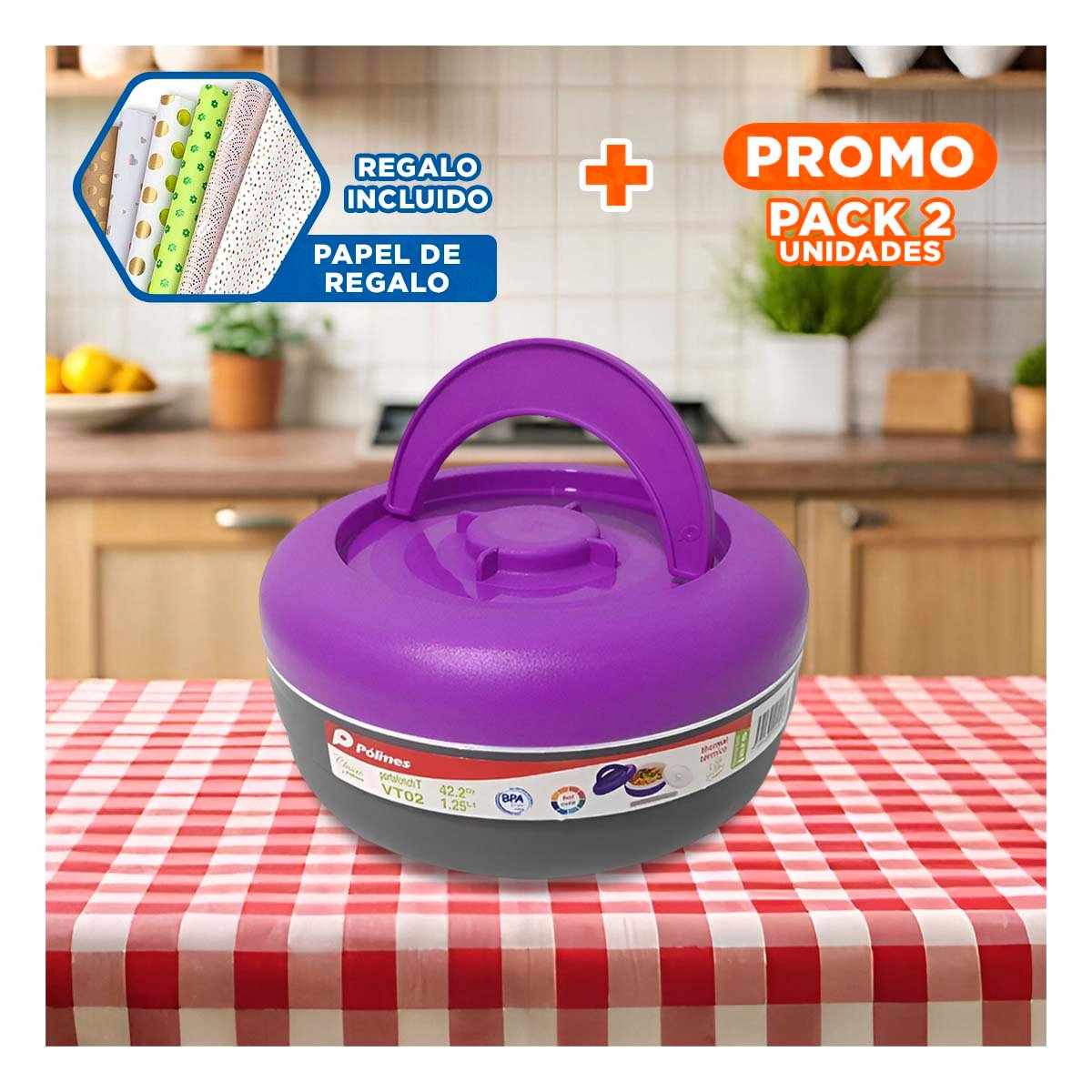PACK2 RECIPIENTE TERMICO 1.25L MORADO Y PLOMO LIGERO Y FACIL DE LLEVAR Y+PAPEL REGALO - 1
