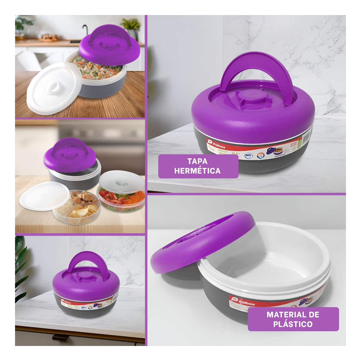 PACK2 RECIPIENTE TERMICO 1.25L MORADO Y PLOMO LIGERO Y FACIL DE LLEVAR Y+PAPEL REGALO - 3