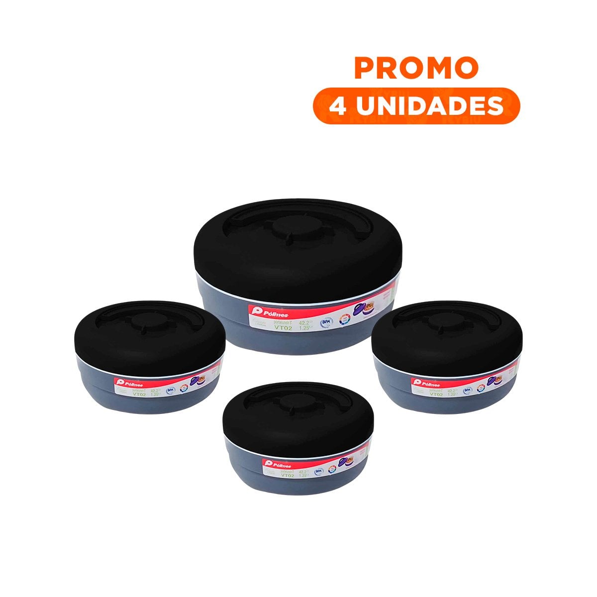 PACK4 CONTENEDOR DE COCINA 1.25L NEGRO Y PLOMO PARA LLEVAR COMIDAS Y+REGALO STICKER - 1
