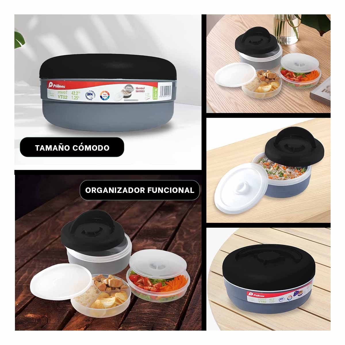 PACK4 CONTENEDOR DE COCINA 1.25L NEGRO Y PLOMO PARA LLEVAR COMIDAS Y+REGALO STICKER - 2
