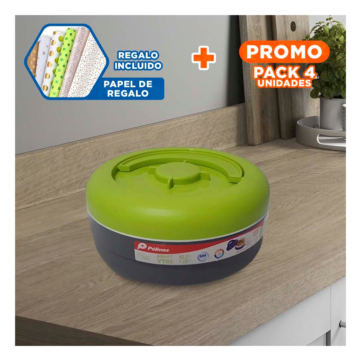 PACK4 CONTENEDOR CON TAPA AJUSTE FIRME 1.25L VERDE CLARO Y PLOMO Y+PAPEL REGALO - 1