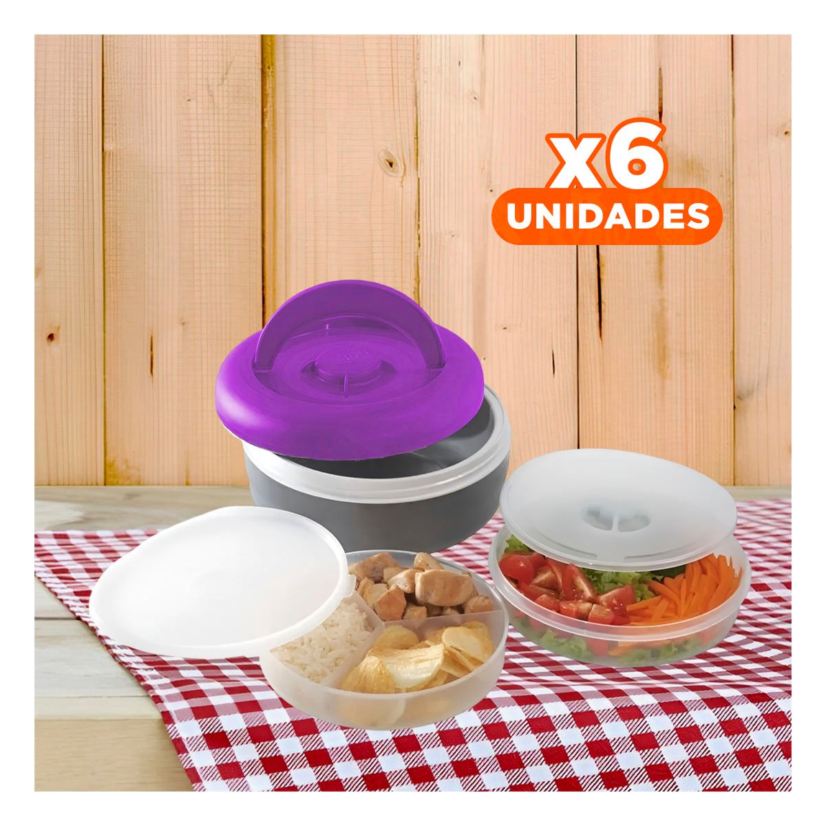 PACK6 TAPER TERMICO CIRCULAR 1.25L MORADO Y PLOMO PARA LLEVAR ALMUERZO DIARIO Y+REGALO STICKER - 1