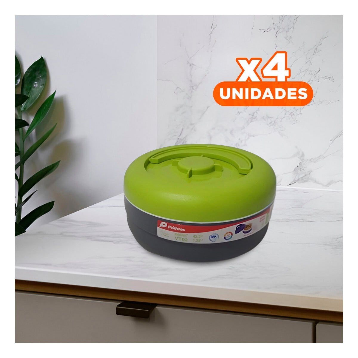 PACK4 LONCHERA DE TRANSPORTE SEGURO 1.25L VERDE CLARO Y PLOMO PARA CONSERVACION PROLONGADA - 1
