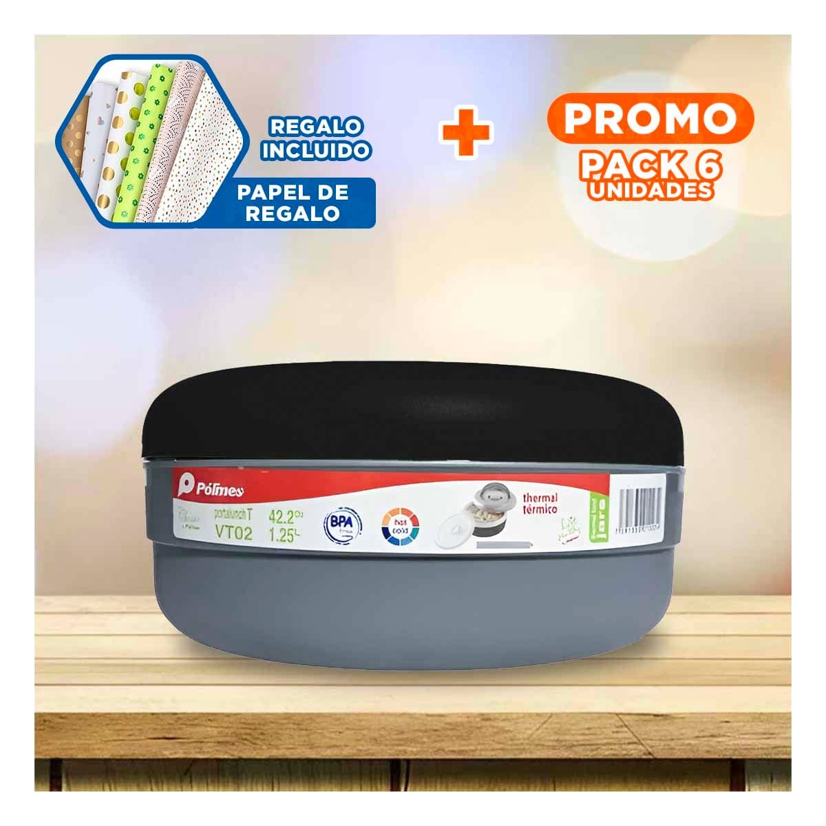 PACK6 ENVASE TERMICO 1.25L NEGRO Y PLOMO PARA CASA Y TRABAJO Y+PAPEL REGALO - 1