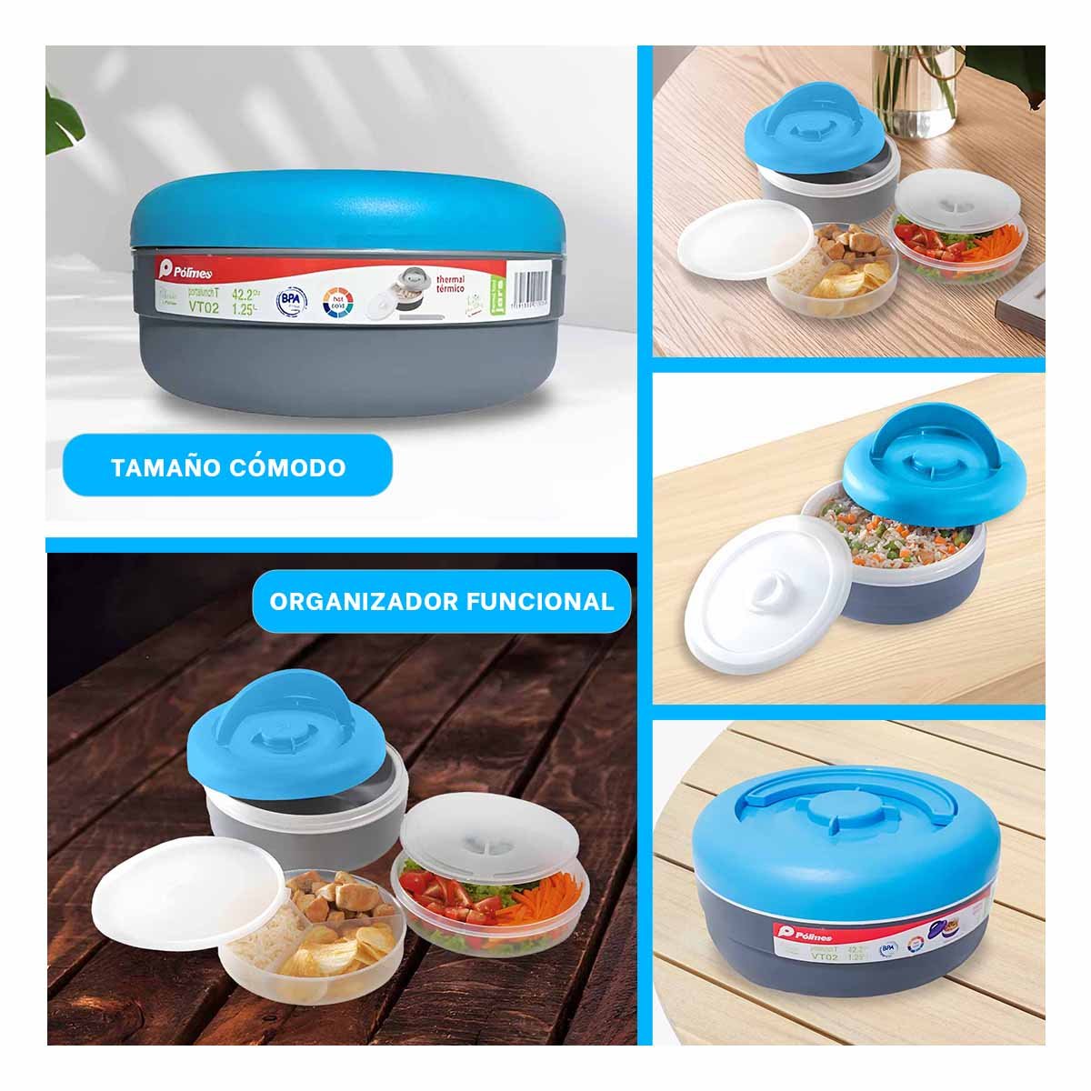 PACK4 CONTENEDOR DE ALMUERZO 1.25L CELESTE Y PLOMO CON DISEÑO COMPACTO Y+REGALO STICKER - 2