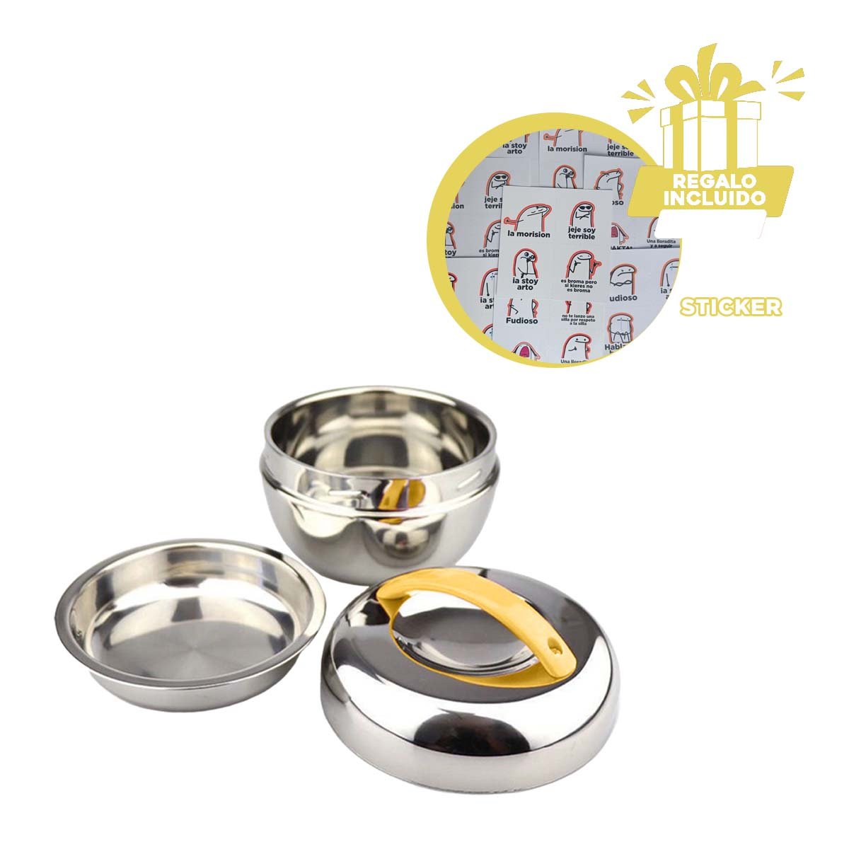 RECIPIENTE TERMO AMARILLO Y PLOMO 1L CIRCULAR COMPACTO Y PERFECTO PARA OFICINA Y+REGALO STICKER - 1